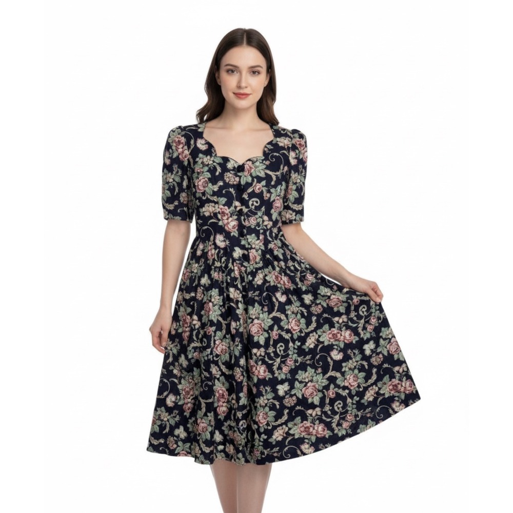 Vintage Cottagecore Floral Print Drop Waist Midi Dress E.D. Michaels Melanie Dru